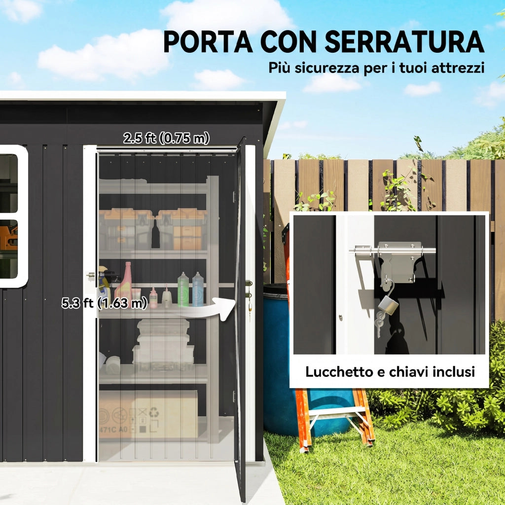 Casetta Box da Giardino 211x133x173/190 cm con Kit di Fondazione Porta Blocco Tetto Inclinato in Acciaio Zincato Grigio