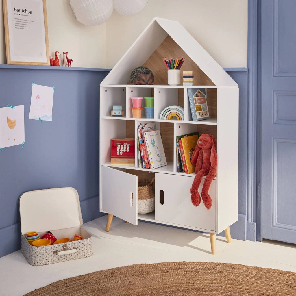 Scaffale per bambini in legno a forma di casa, bianco