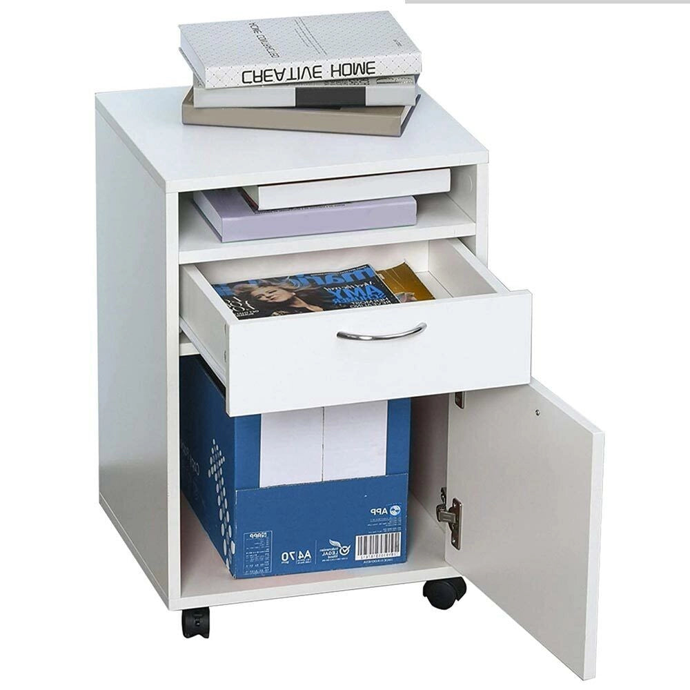 Cassettiera Scrivania Casa Ufficio Legno MDF con Cassetto e Anta 4 Ruote Bianco