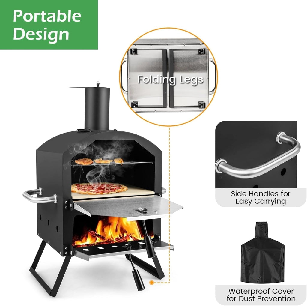 Pizza aperta all'aperto, forno per pizza 600 ℃, forno a legna portatile in acciaio inox, forno per pizza a 2 livelli per giardino, mini oven con pietra per pizza, pala per pizza, griglia