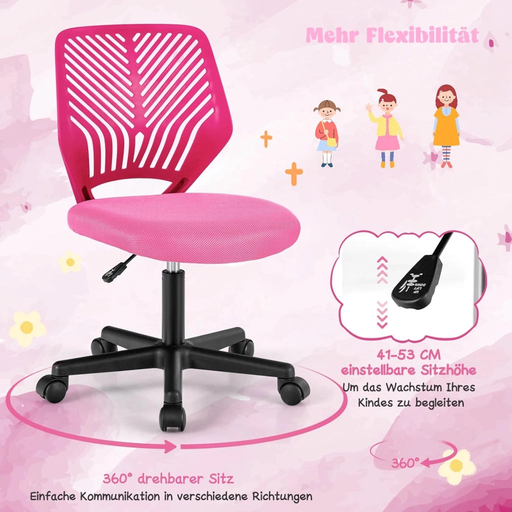 Sedia da scrivania per bambini, graziosa sedia da ufficio con schienale a forma di S e seduta imbottita, sedia da studio girevole senza maniche su ruote, per ragazzi e ragazze (rosa)