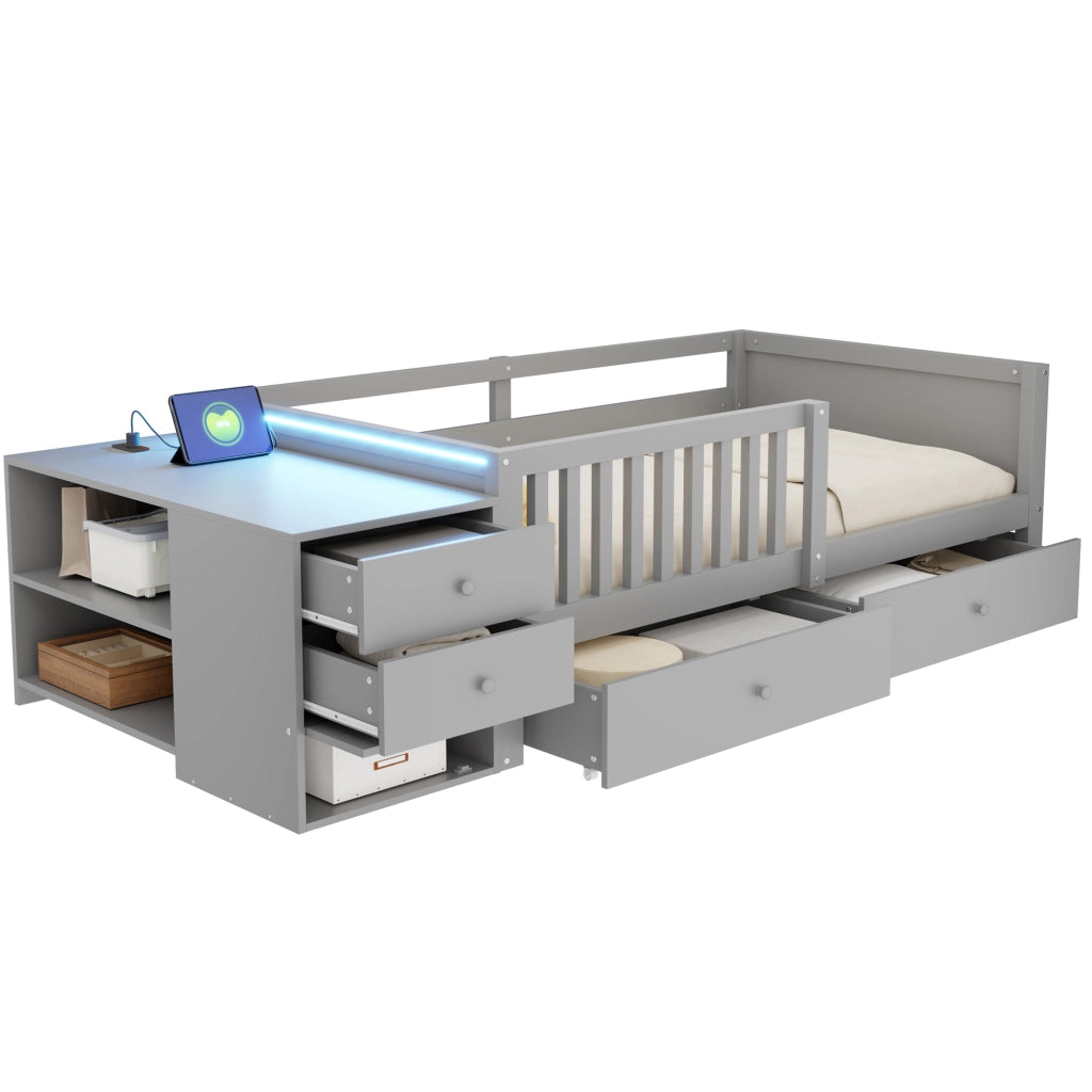 Letto multifunzione per bambini 90x200 cm con scrivania; prese; LED; 2 cassetti; mensole e parapetto; grigio