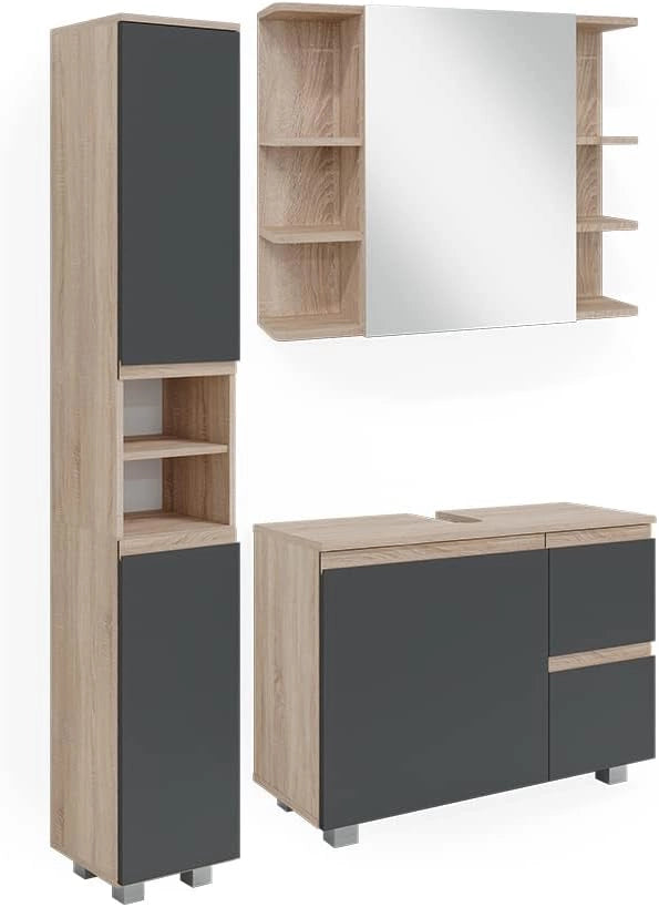 Set mobili bagno J-Shape, Sonoma, 80 cm, composto da specchio da bagno e mobile sottolavabo
