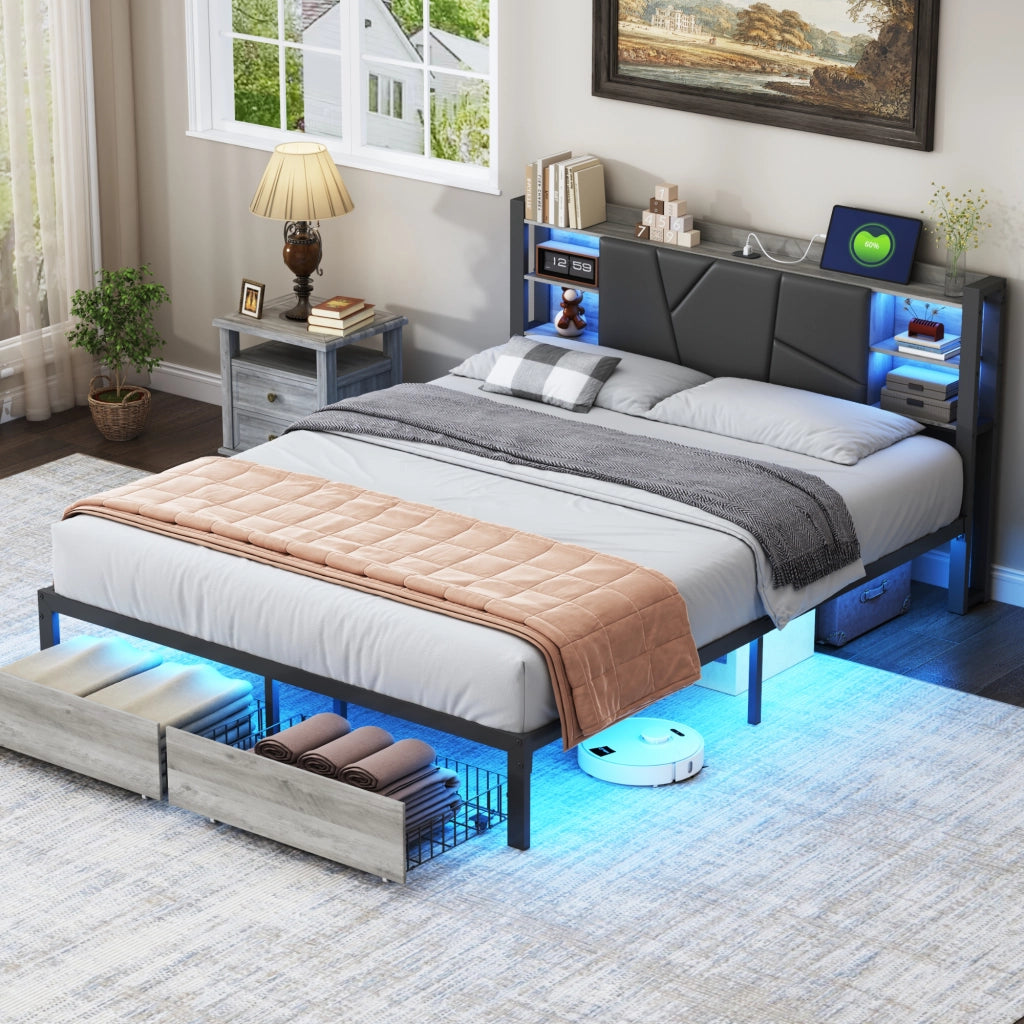 Letto matrimoniale 140x200 cm con testiera LED; USB e due cassetti neri