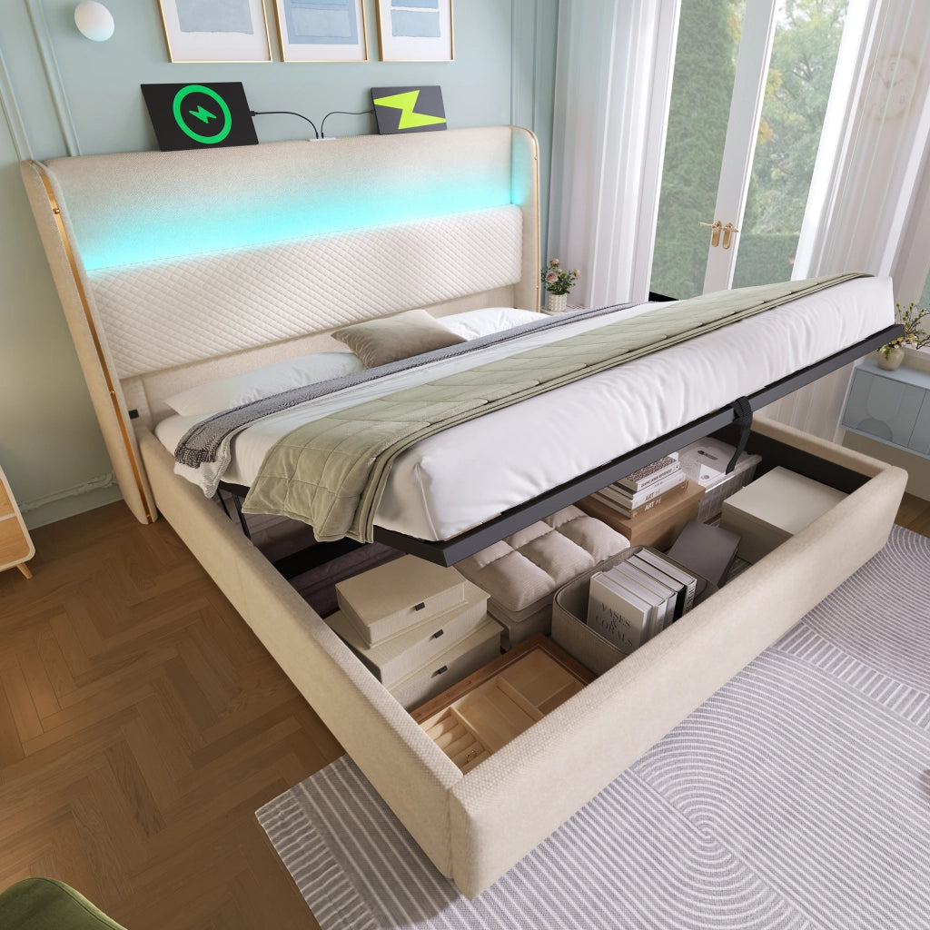 LETTO matrimoniale idraulico 180x200 cm beige in lino con LED e porte USB/Type-C