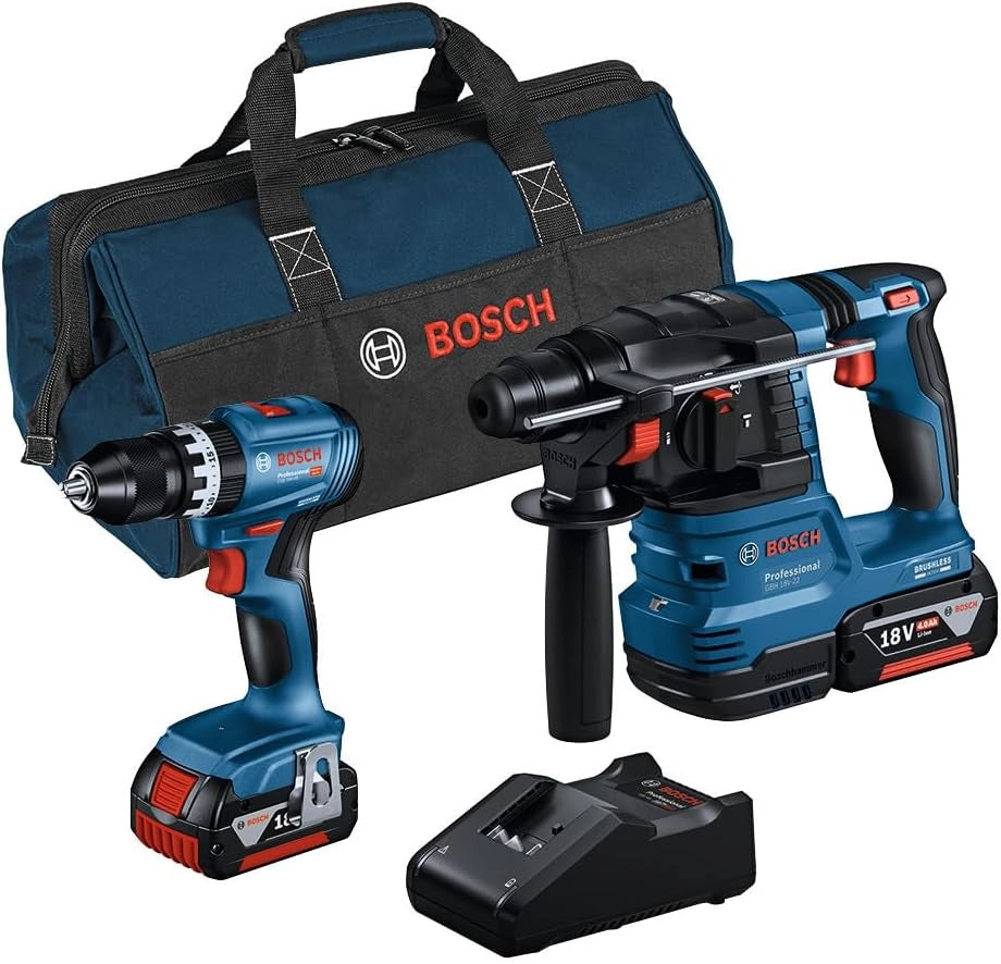 Bosch Professional 18V System Combo Kit: trapano-avvitatore con percussione GSB 18V-45 + martello perforatore GBH 18V-22 (incl. 2 batt. da 4.0Ah, caricabatteria rapido GAL 18V-40, borsello portauten.)