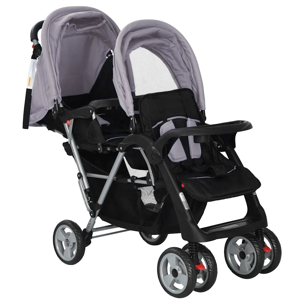 Passeggino Gemellare a Tandem in Acciaio Grigio e Nero 10113