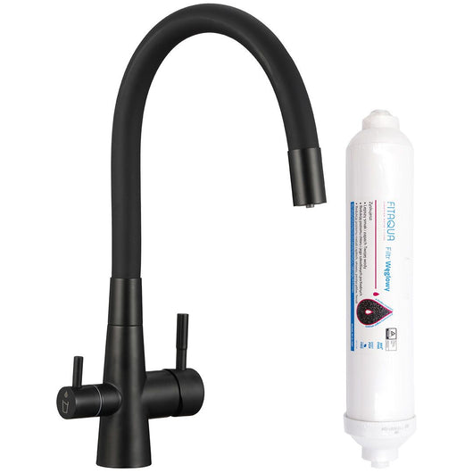 Rubinetto cucina nero con filtro acqua al carbone attivo e doppia leva – design moderno