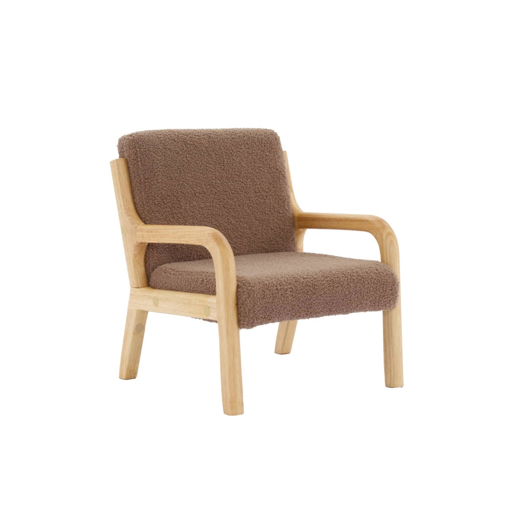 Poltrona scandinava per bambini in legno, tessuto bouclé, marrone
