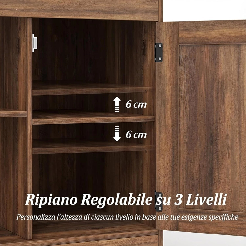 Tavolino Laterale da Salotto, Comodino Rustico con Stazione di Ricarica, Ripiano Regolabile e Porta da Fienile, Tavolino Versatile per Camera da Letto e Soggiorno (Marrone)