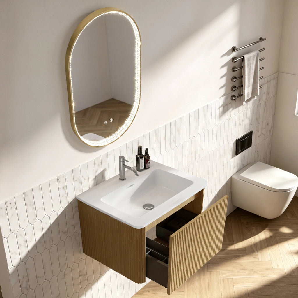 Mobile bagno con specchio con lavabo integrato e base sospesa LED antiappannamento per bagno in MDF rovere