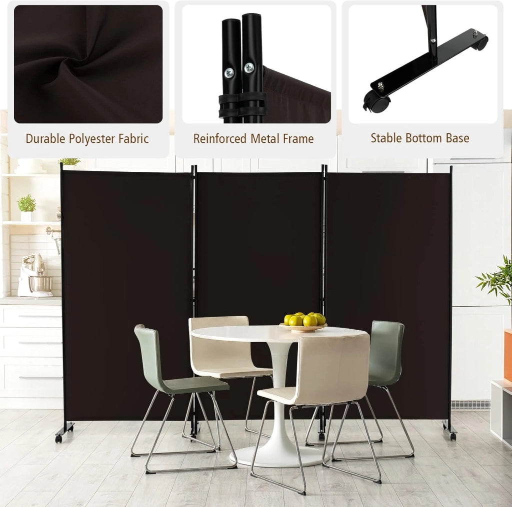 Divisorio Paravento con Ruote 3 pezzi, Divisorio da Parete in Ferro, Protezione Privata per Camera da Letto, Ufficio, 260 x 180 cm, 5 Colori (Caffè)
