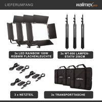 Rainbow Set 3 pannelli LED fotografia 100W e 3 cavalletti fotografici - Luce fotografica da studio con cambio colore RGBWW, illuminazione controllo tramite app, luce video bicolore