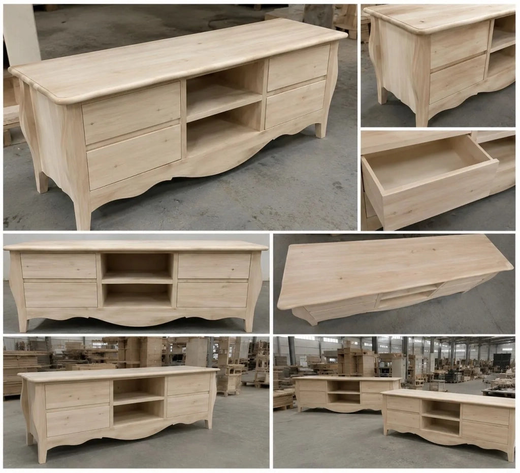 Porta tv  classico in legno bombato 4 cassetti grezzo l.182 p.50 h.61 (3026) - Mobili 2G