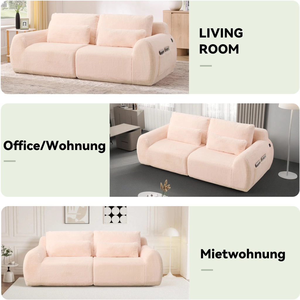 Divano a 2 posti in tessuto effetto pelliccia di coniglio con USB e tasca laterale per piccoli spazi, rosa