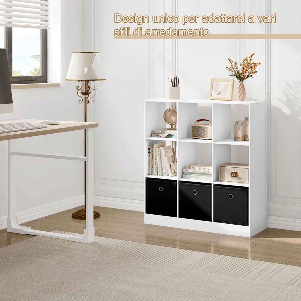 Libreria Bianca, Libreria a 9 Cubi Portaoggetti, Scaffale in Legno con 3 Cassetti in Tessuto Non Tessuto, per Soggiorno, Camera da Letto, Ufficio, 80x30x86,5 cm, SK041ws