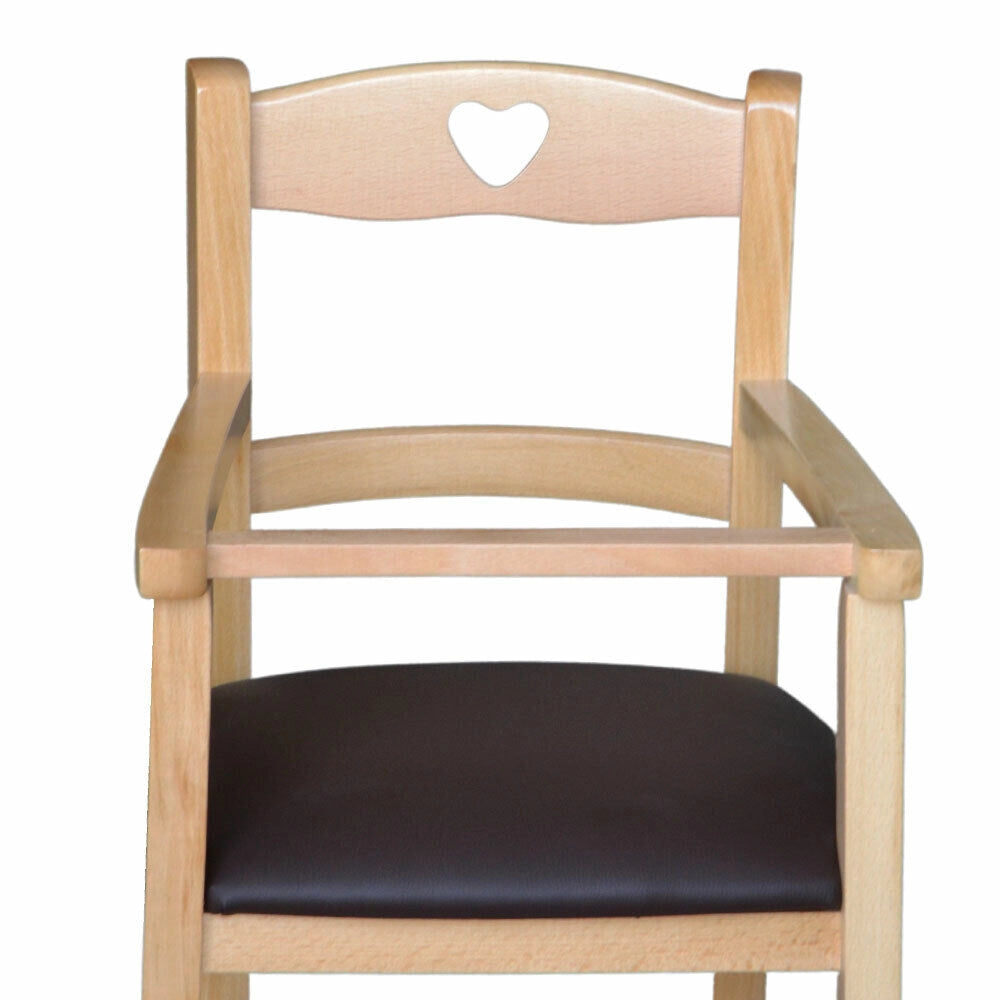 Seggiolone in legno color naturale con seduta imbottita in similpelle marrone