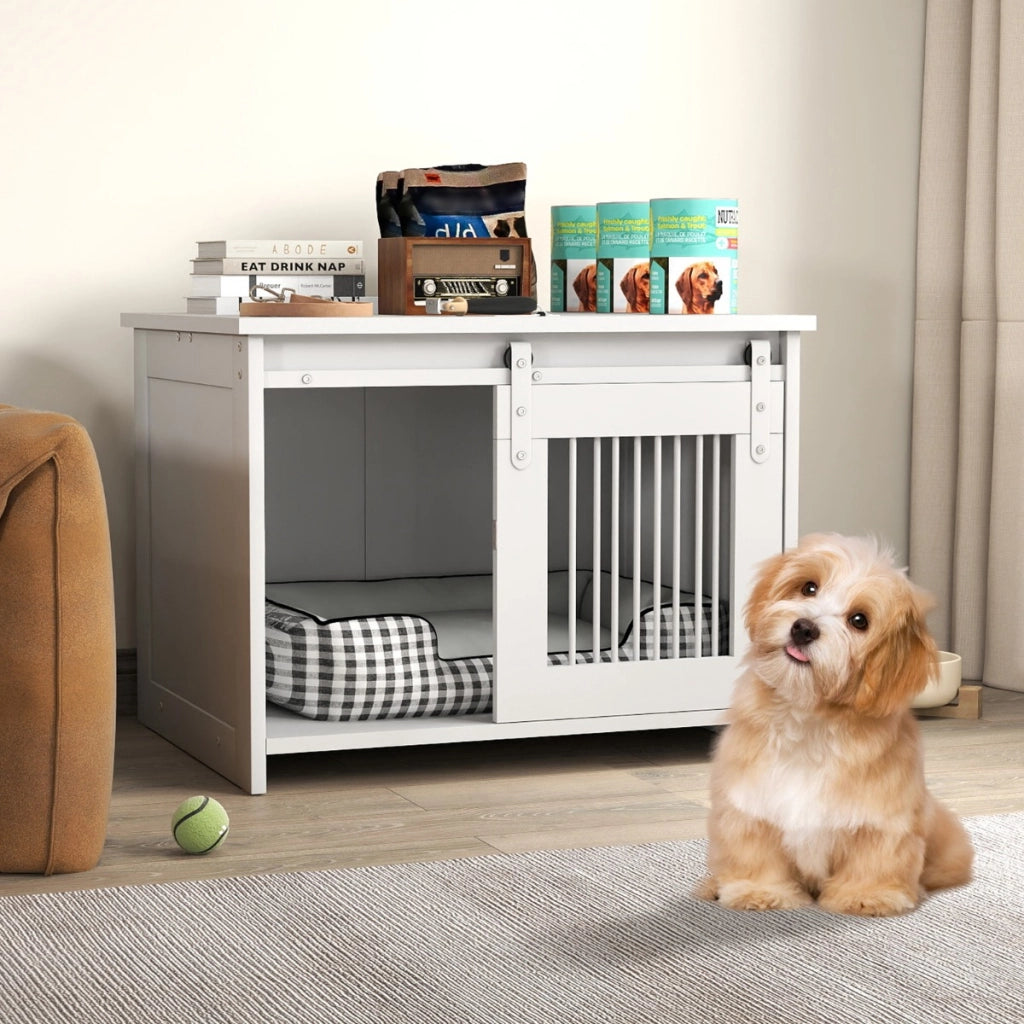 Cuccia per cani gabbia in legno con ampio piano superiore e porta scorrevole, Cuccia moderna di piccola Bianco-Casette e lettini