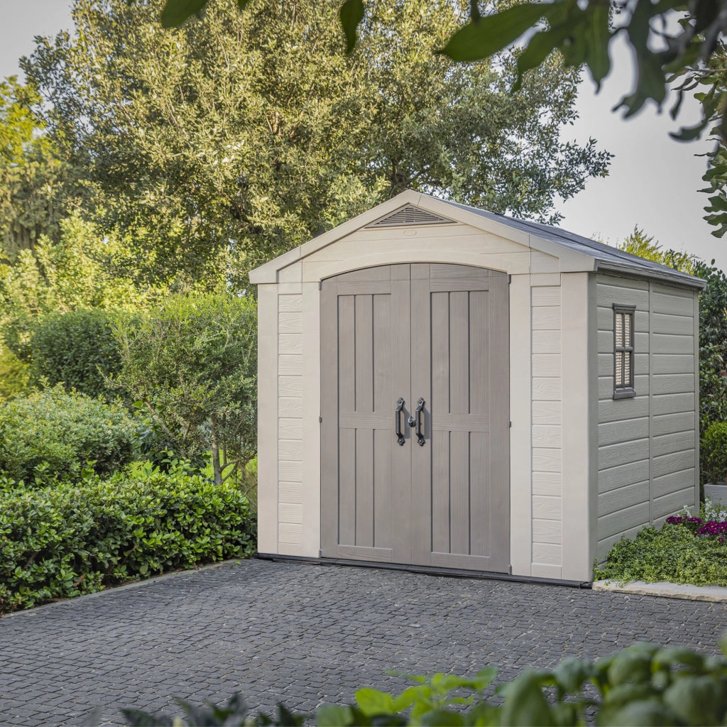 Factor 8x8  - Casetta da Giardino 256,50x243x255 cm 2 Ante per deposito attrezzi finitura effetto legno  in Resina Beige