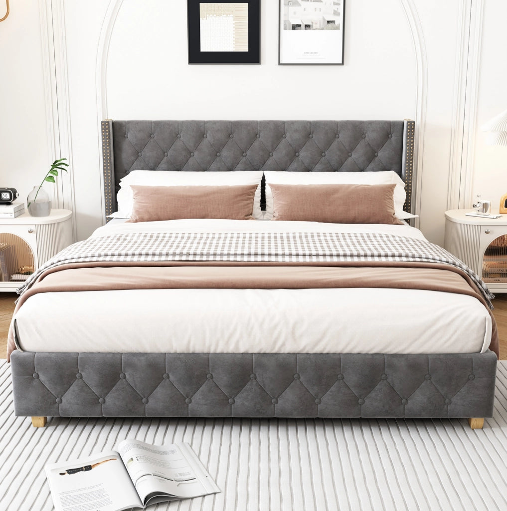 Letto imbottito 160x200 cm in velluto grigio con testiera e rete a doghe