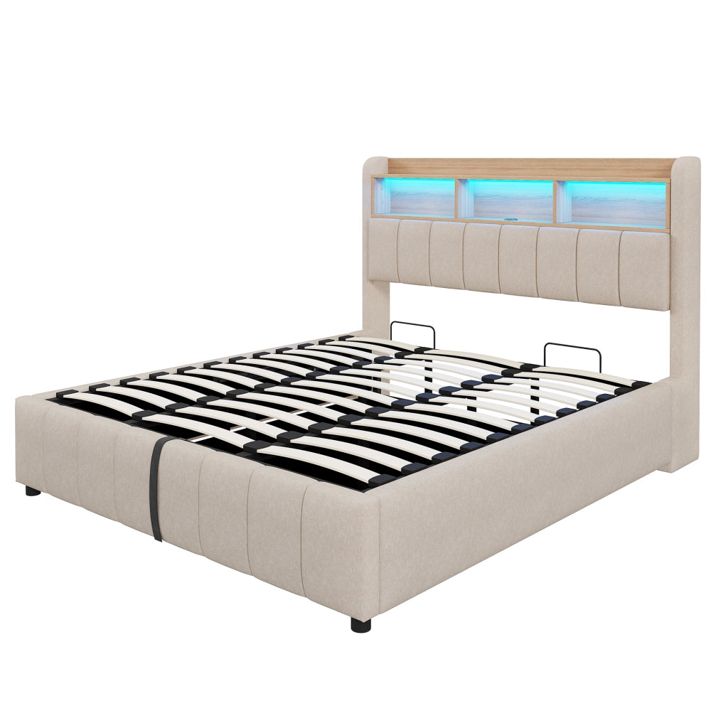 Letti contenitori 180x200 cm con LED e contenitore; lino; beige