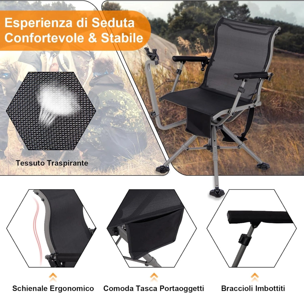 Sedia da Caccia, Sedia da Cecchino Pieghevole con Gambe e Supporto per Fucile Regolabili, Girevole Silenziosa a 360°, Schienale Ergonomico, Sedia da Terra Portatile, Portata 150 kg