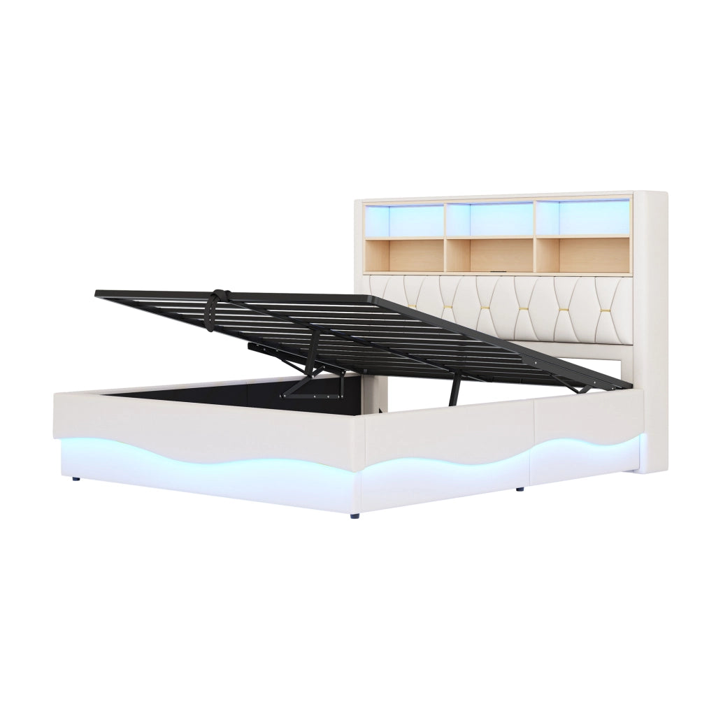 OKWISH Letto Contenitore 180×200 cm, Letto Matrimoniale con LED Controllabile, USB e Vano Contenitore, senza Materasso, in Metallo, Beige