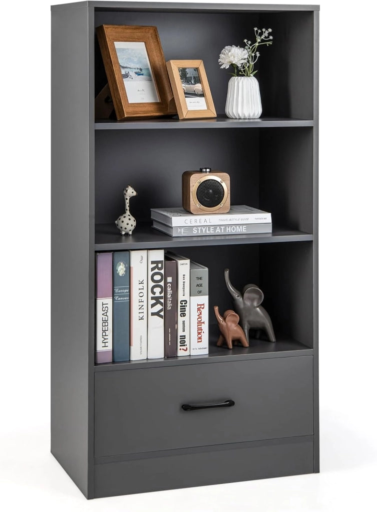 Libreria in Legno con Cassetto, Scaffale di Stoccaggio a 4 Livelli, Scaffale Espositivo per Casa Studio e Soggiorno, 60 x 38 x 120 cm (Grigio)