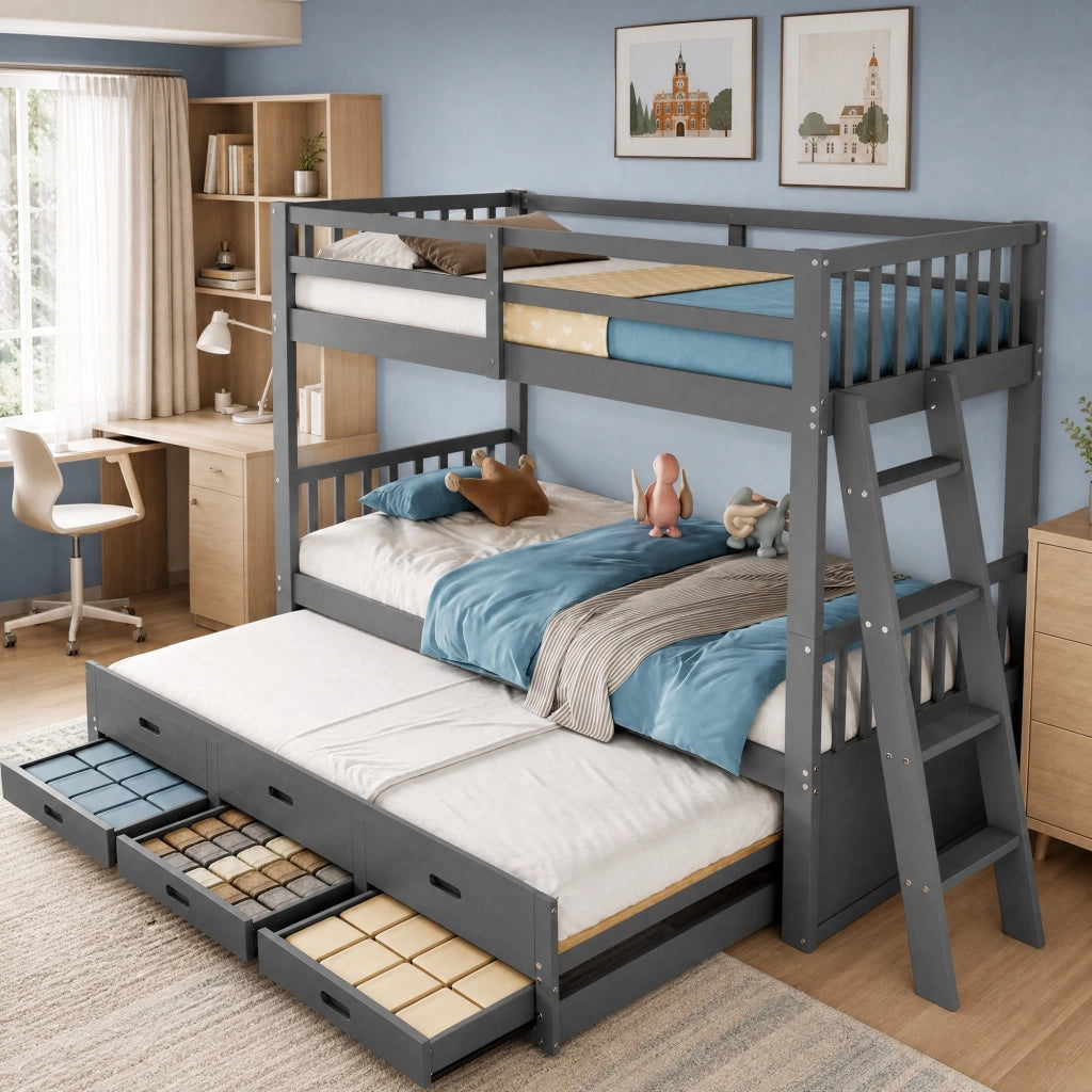 LETTO a castello con letto estraibile e 3 cassetti 90x200 cm Grigio