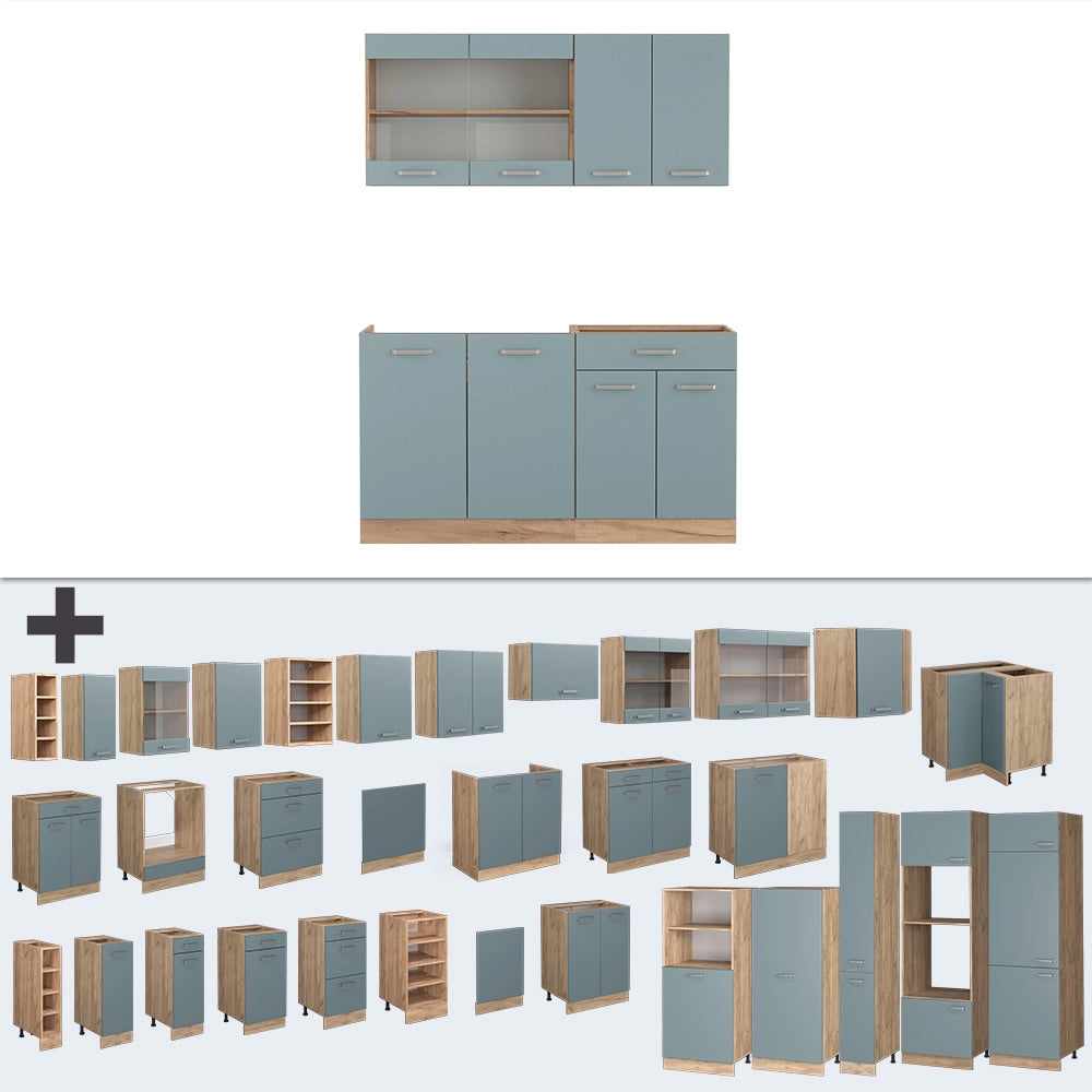Vicco Cucina monoblocco Rovere blu-grigio/oro 140 cm , PL Marmo