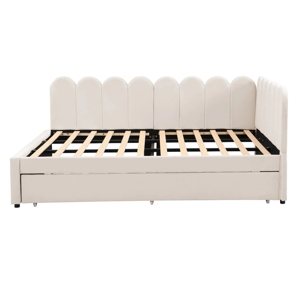 Letto Imbottito con Divano Estraibile a L ¨C MINIMAL ¨C Velluto Beige 140x200