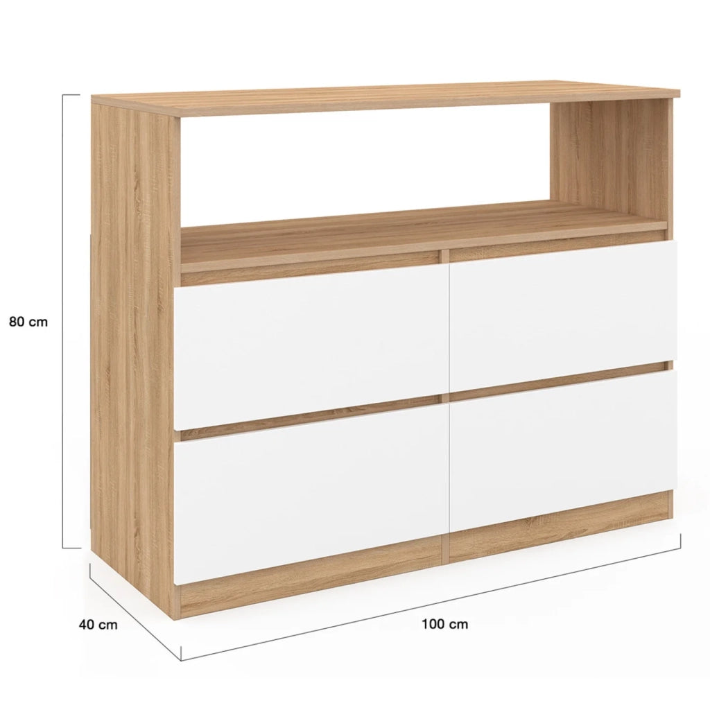 IDMarket - TOMI Cassettone a 4 cassetti da 100 cm con nicchia effetto faggio in bianco
