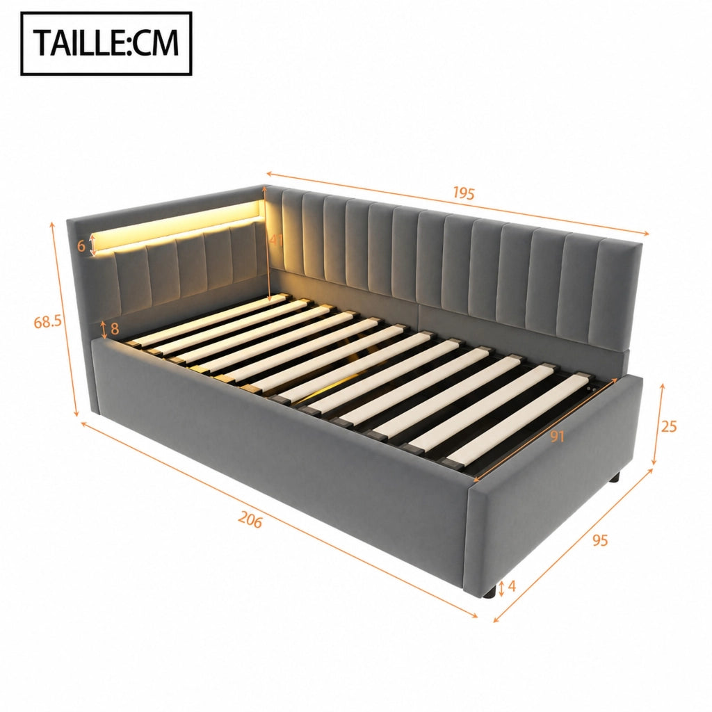 DESMIU Letto divano 90 × 200 cm 1 posto con LED e contenitore idraulico, senza materasso, in velluto, grigio