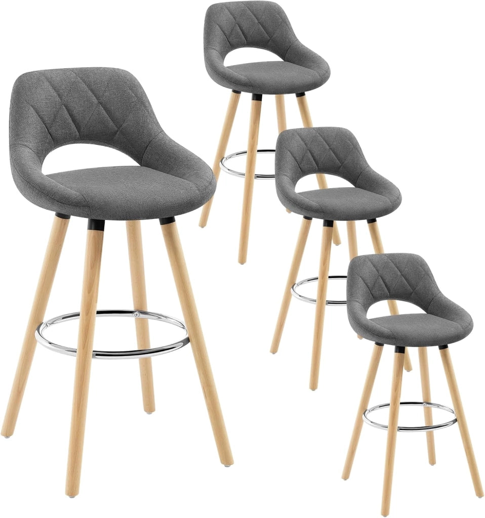 Sgabelli da Cucina Set di 4, Sgabello da Bar per Colazione, Sgabelli Alti con Poggiapiedi e Schienale, Sedile in Lino+Gambe in Legno, Grigio Scuro, BH111dgr-4