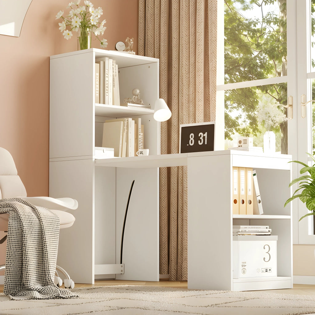 Scrivania Pieghevole con Armadio Integrato ¨C MINIMAL ¨C Bianco, 4 Ripiani, 130x51x137