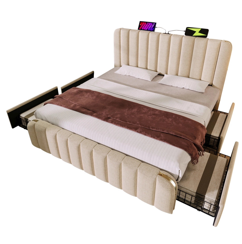 Letto matrimoniale contenitore 140x200 cm con USB C e 4 cassetti; lino beige