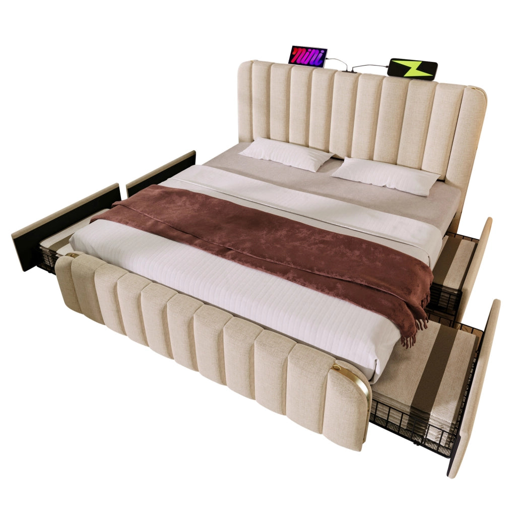 Letto matrimoniale contenitore 140x200 cm con USB C e 4 cassetti; lino beige