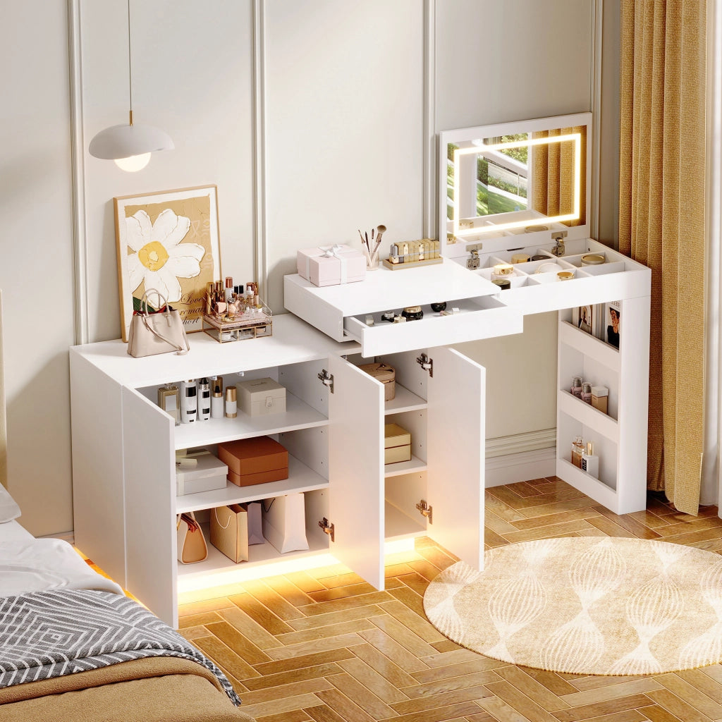 Tavolo da trucco angolare girevole con specchio LED, piano lucido bianco, 100¡Á40¡Á80 cm