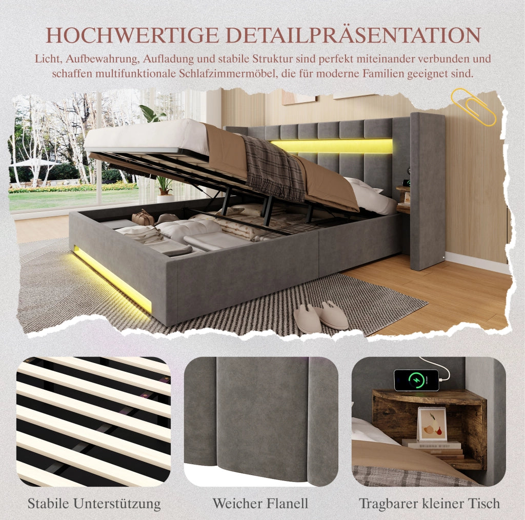 Letto contenitore 180x200 in velluto grigio scuro con LED e USB