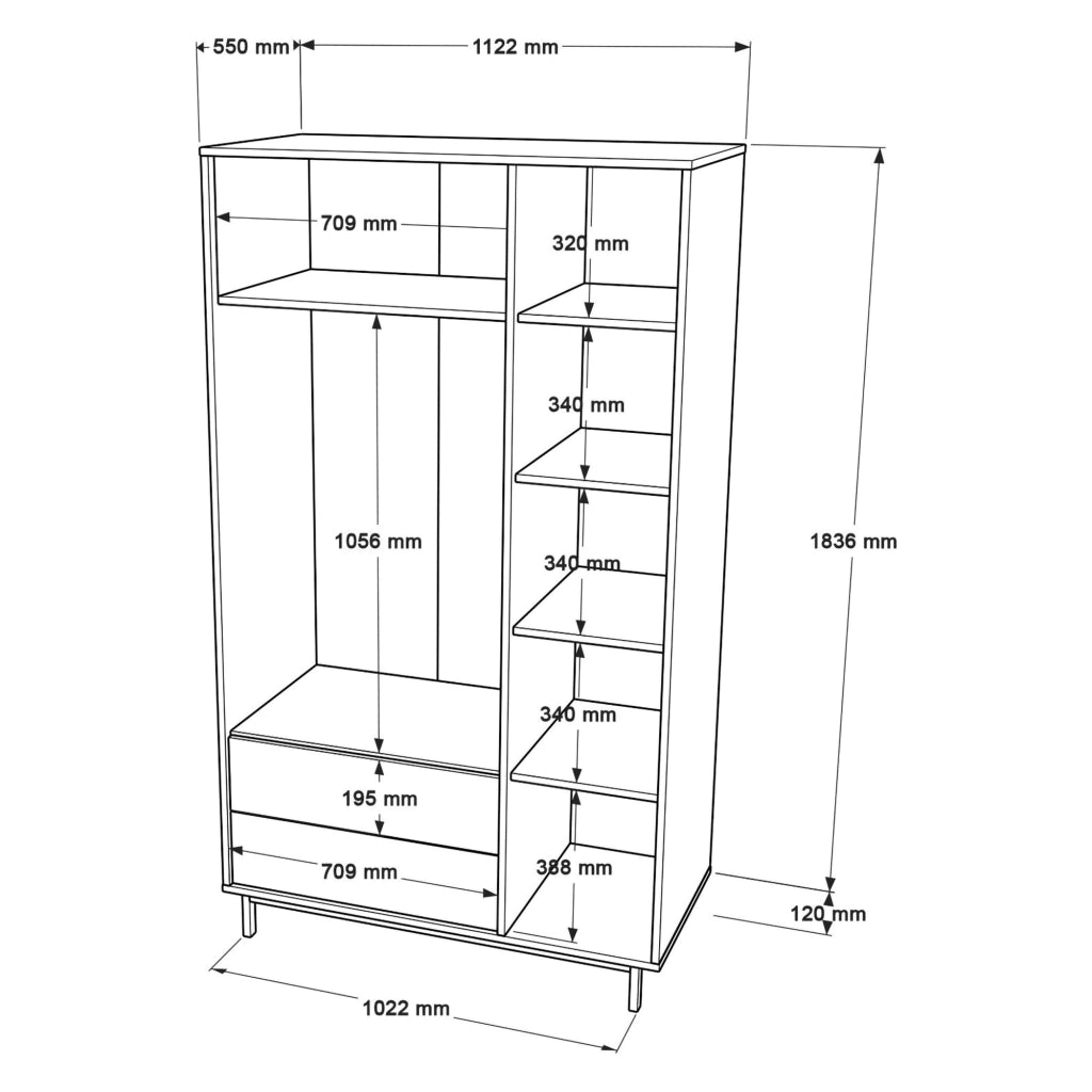 Armadio Camera da Letto Oricola, Guardaroba 3 Ante 5 Ripiani, 112x55 cm Marrone Rovere