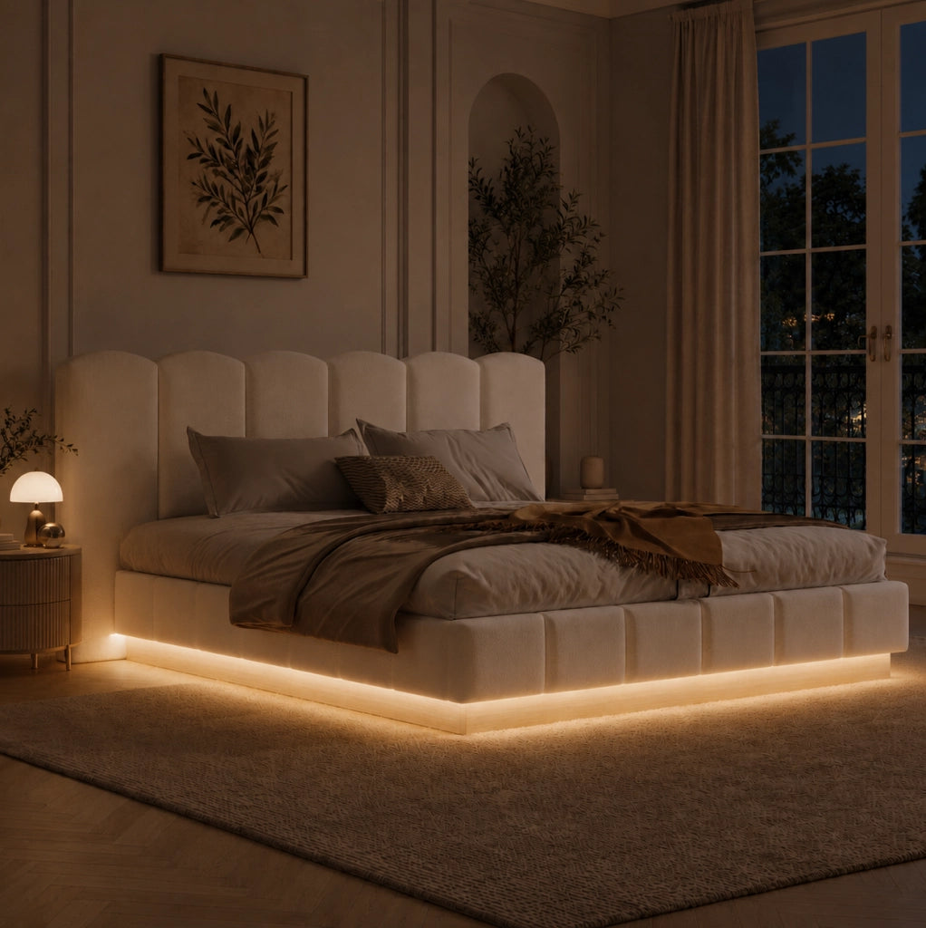Letto matrimoniale con contenitore 180x200 cm; testiera imbottita in bouclé bianco con LED