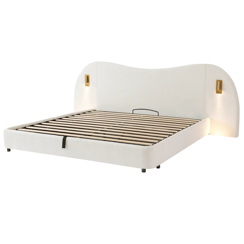 Letto Imbottito Contenitore Matrimoniale con USB ¨C MINIMAL ¨C Bianco Boucl¨¦ 180x200