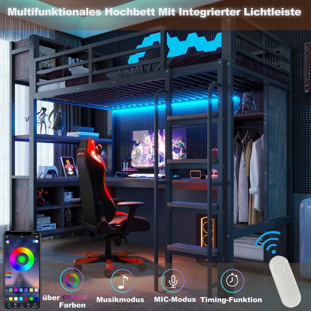 Letto a soppalco singolo 90 × 200 cm con scrivania, armadio, prese e led, senza materasso, metallo nero