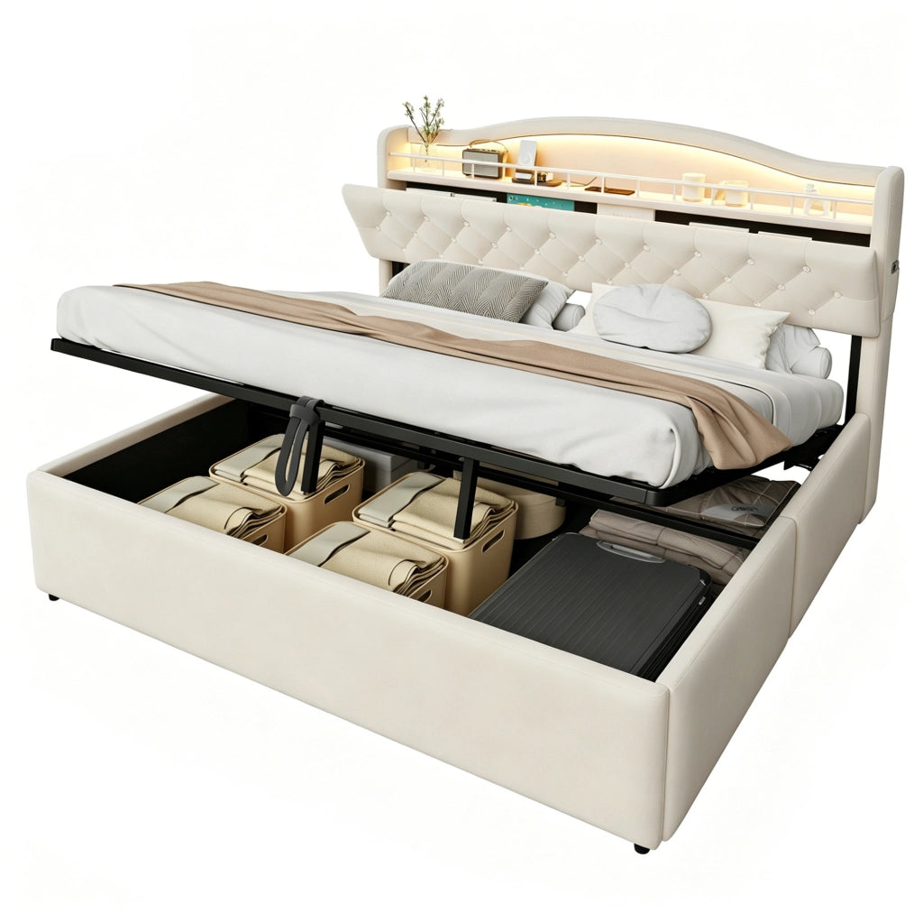 Letto imbottito 180x200 cm con contenitore idraulico; USB e USB-C; tessuto e metallo beige