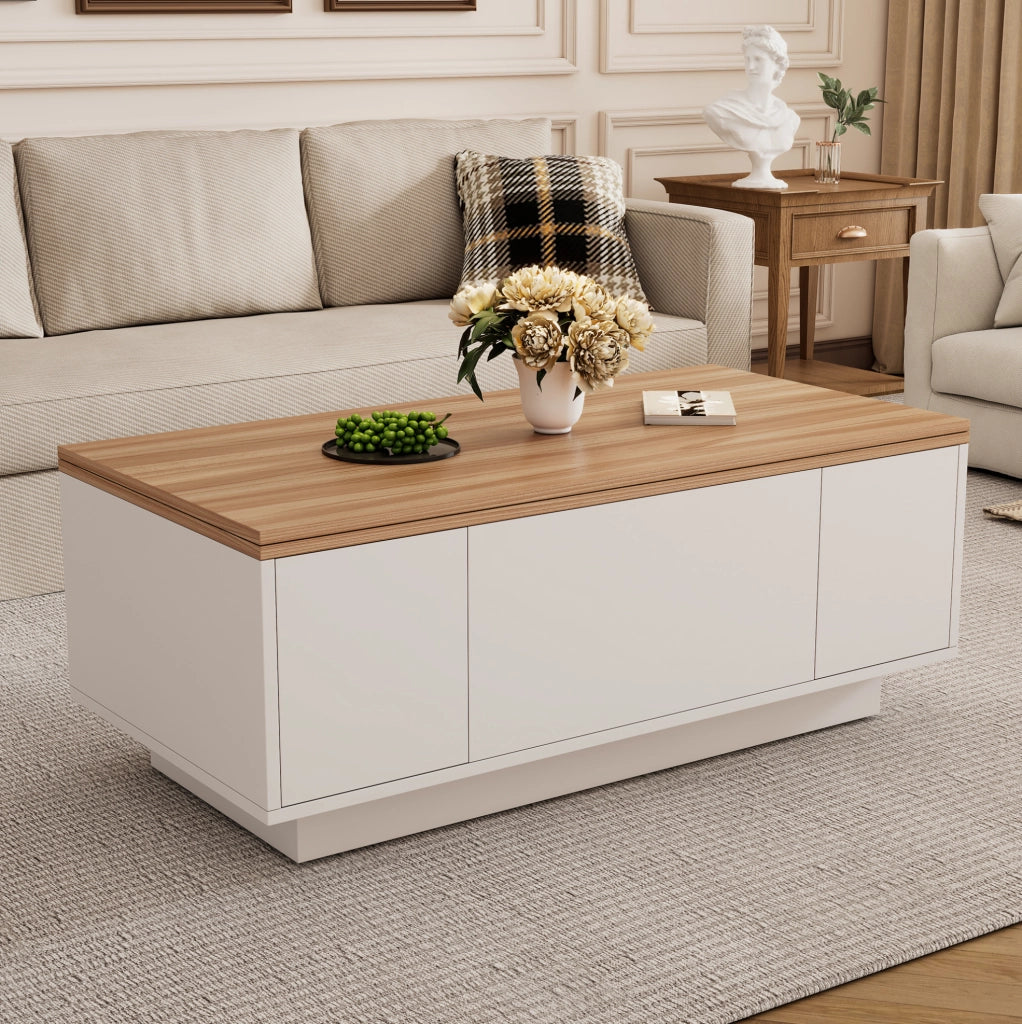 Tavolino da salotto con doppio piano sollevabile e vano contenitore; 100 x 50 x 55;5 cm; bianco e legno