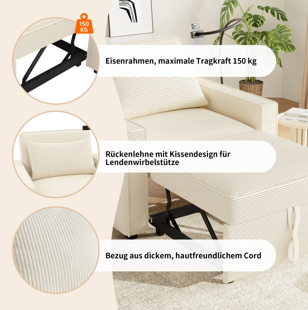 Divano letto 1 posto beige in velluto a coste con USB e Type-C