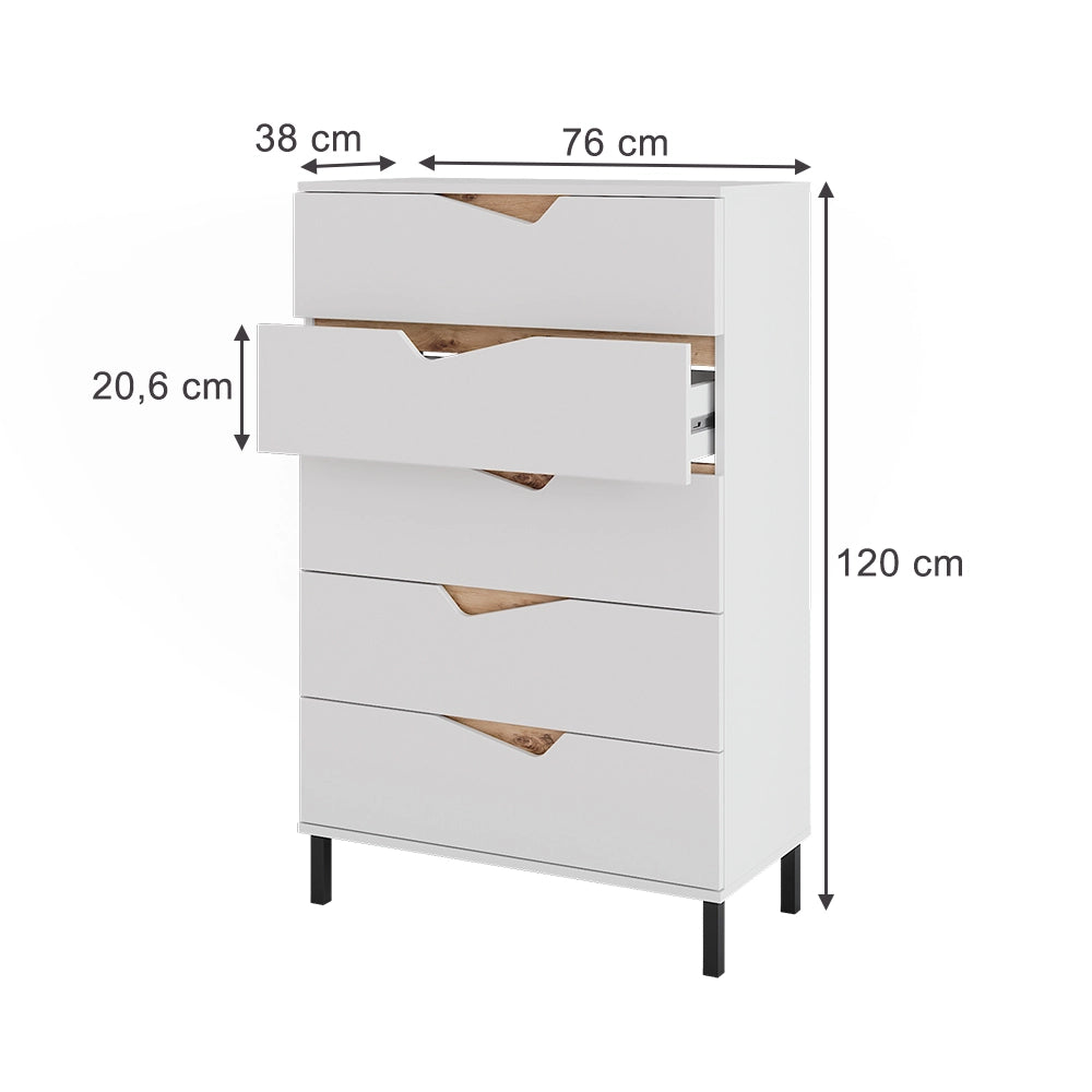 Vicco Cassettiera per camera da letto Bianco/Artisan 76 x 120 cm con 5 cassetti