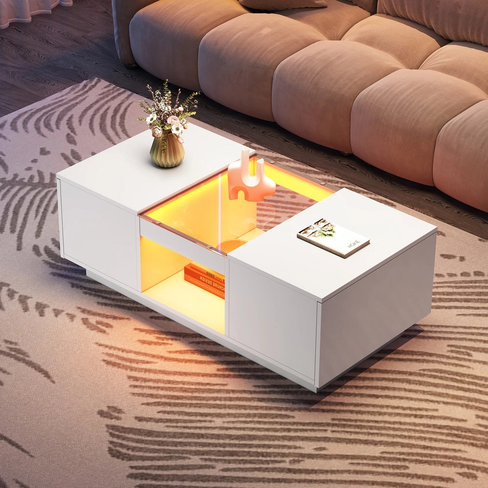 Tavolino da Caff¨¨ con LED, Cassetti e Vetro ¨C MINIMAL ¨C Bianco 100x50x35,5 cm