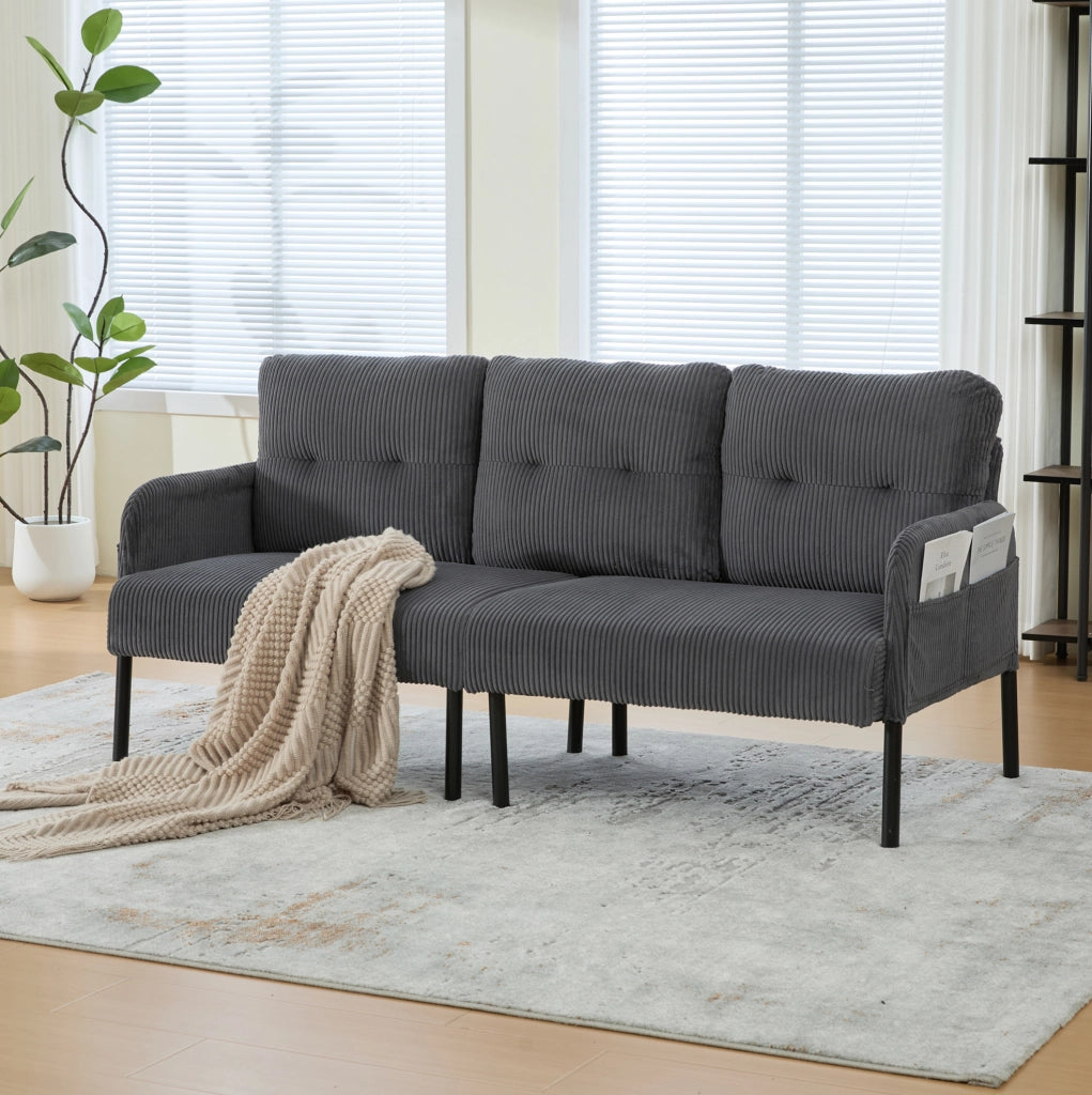 Divano a 3 posti in corduroy grigio 171x72x80 cm con tasca laterale e struttura in metallo