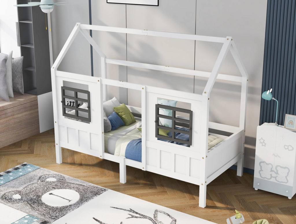 Letto a casetta con finestre e 2 cassetti 207x97x174 cm; struttura robusta in legno; bianco
